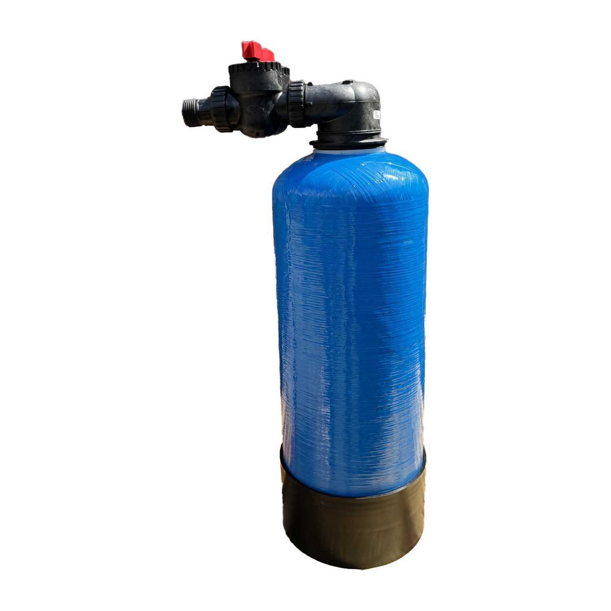 NeutrAcalC Salt Free Scale Prevention System with a tall blue fibreglass vessel, black valve assembly and red knob.