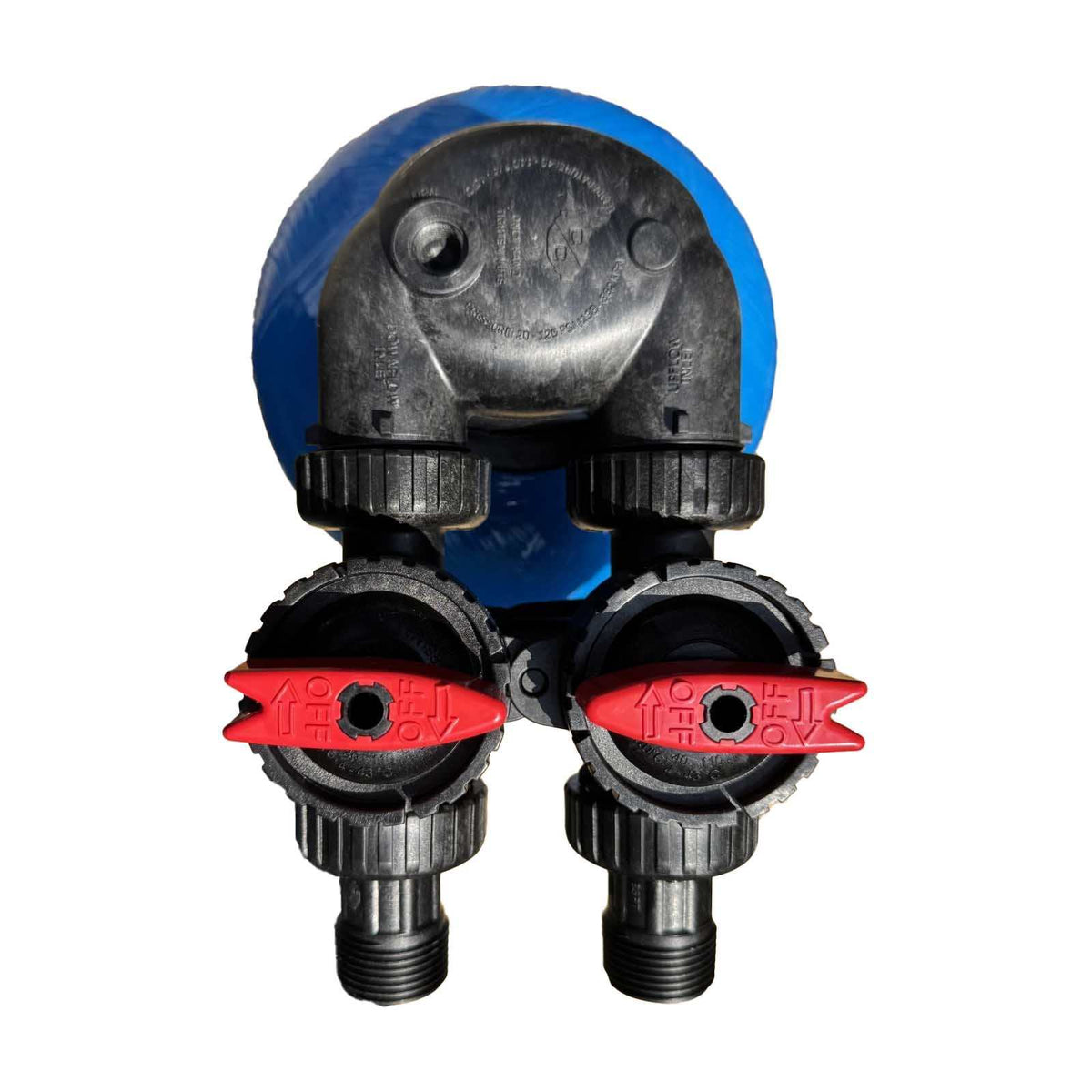 NeutrAcalC Salt Free Scale Prevention System with blue cylindrical vessel, black plastic bypass valve and red directional handles.
