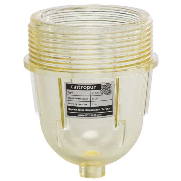 Cintropur NW18 Transparent Bowl, translucent pale yellow plastic filter housing with wide threaded top and base connector.