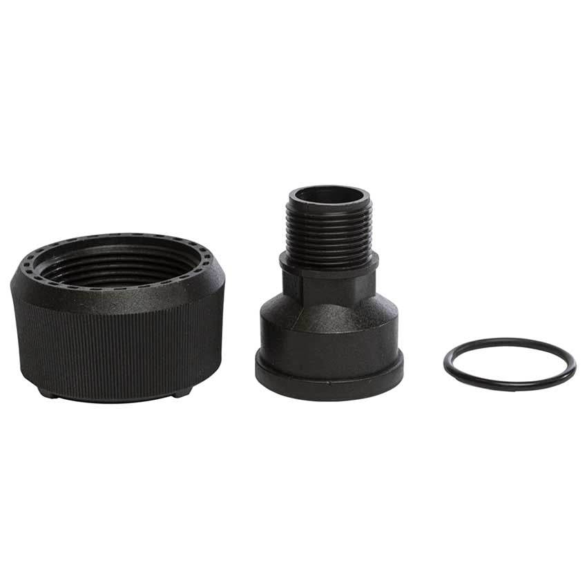 Cintropur NW25 Connector Kit 1" with black plastic threaded nut, connector and separate rubber O-ring.