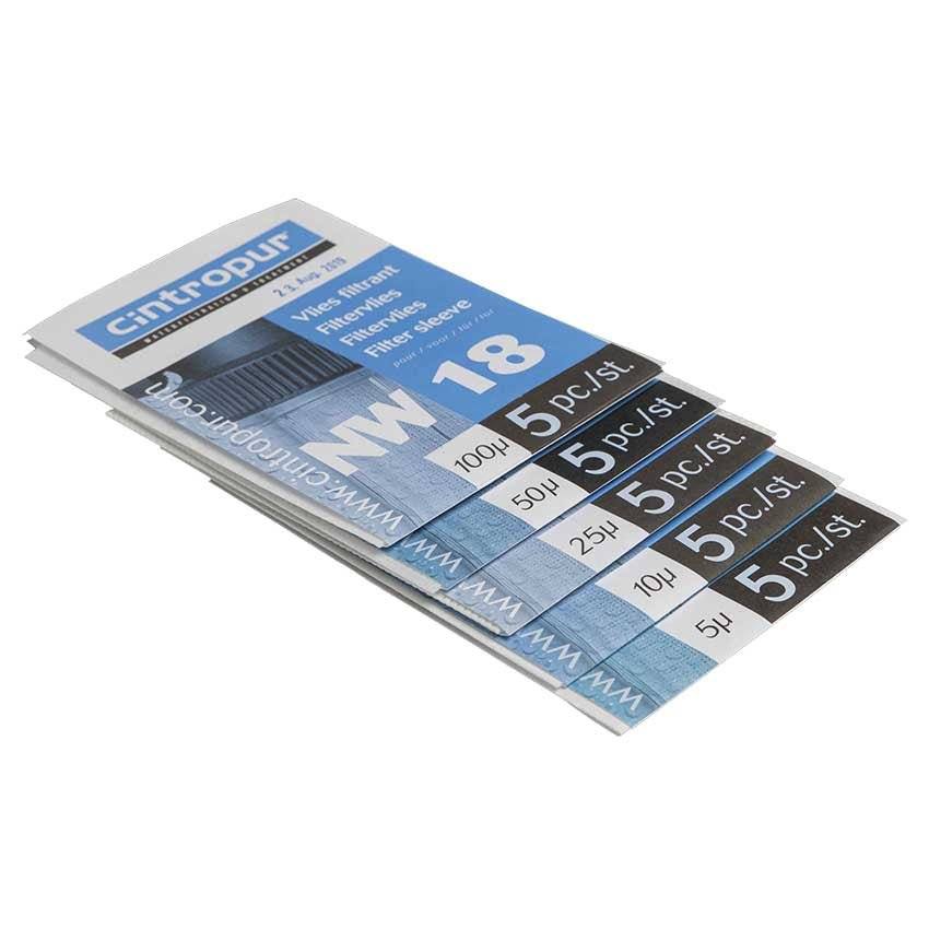 Cintropur Filter Sleeve pack of five blue and silver printed filter sleeves, labeled 5 pieces with micron ratings.