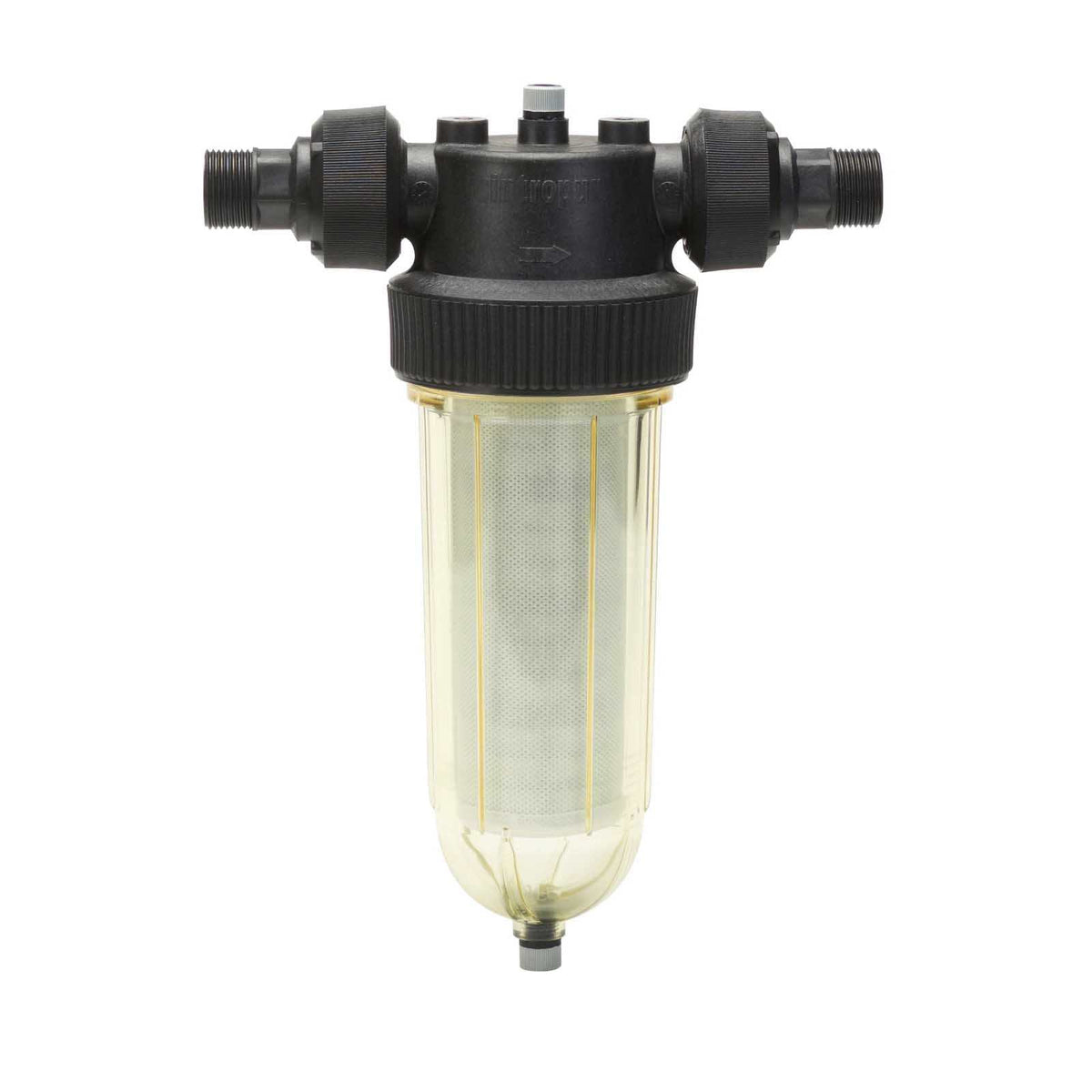 Water filter, Cintropur NW 25, with a black plastic head and clear cylindrical housing containing a mesh filter element.