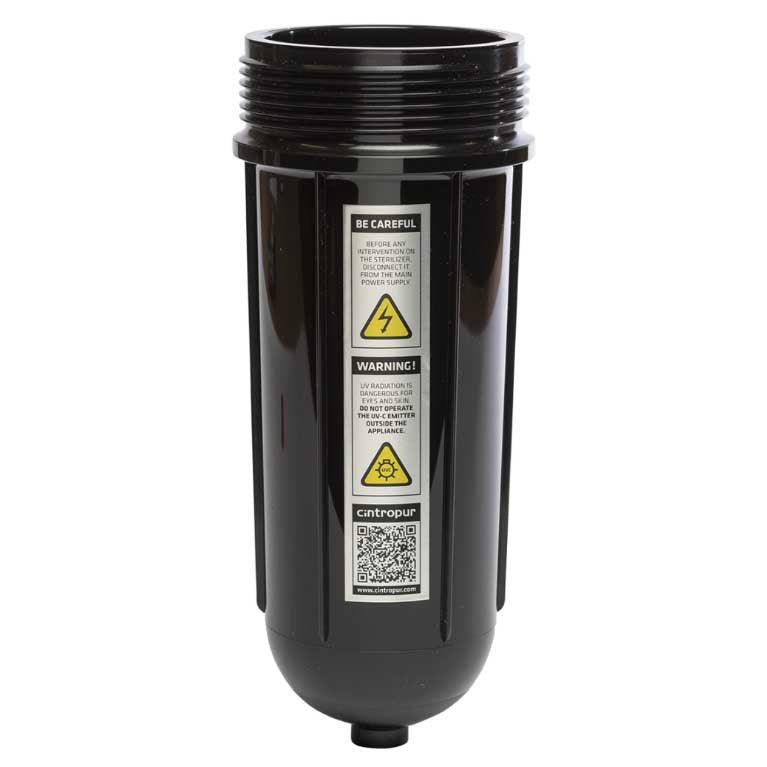 Cintropur NW25 Black Bowl, black glossy plastic filter housing with threaded top and vertical warning label.