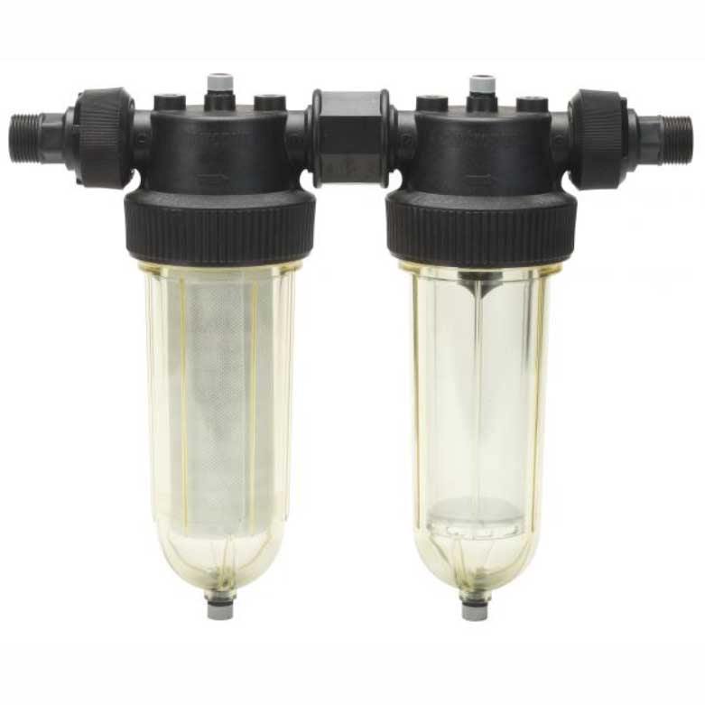Cintropur Filter NW 25 DUO-CTN dual water filter with black fittings and two clear cylindrical filter bowls, joined inline.