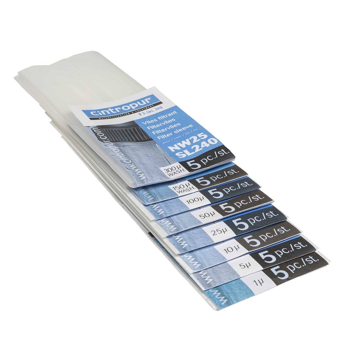 Cintropur Filter Sleeve pack with white pleated filtration sleeves and blue labels showing assorted micron ratings and five-piece packs