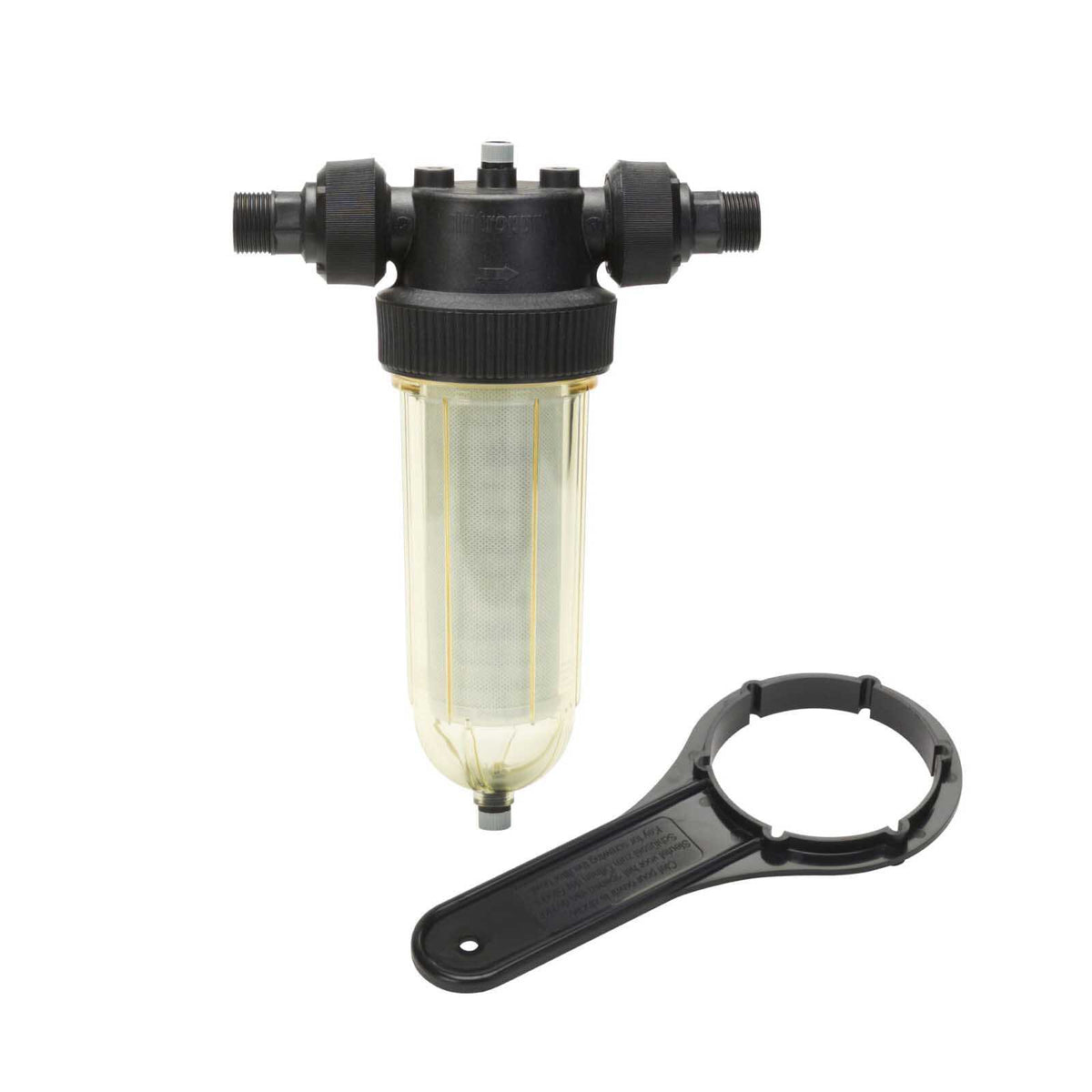 Cintropur NW 25 water filter with a black plastic head, clear filter bowl, threaded connections, and black wrench tool.