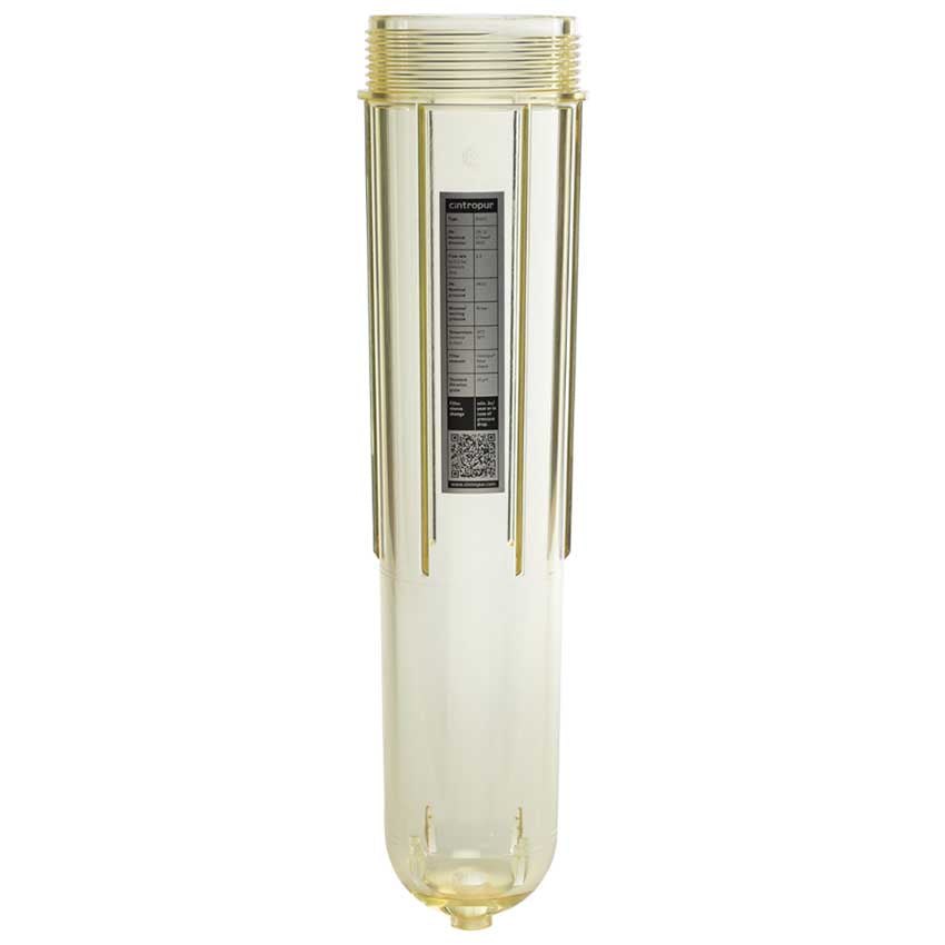 Cintropur NW32 Transparent Bowl, clear plastic filter housing with a threaded top, vertical ribs, and a small bottom outlet.