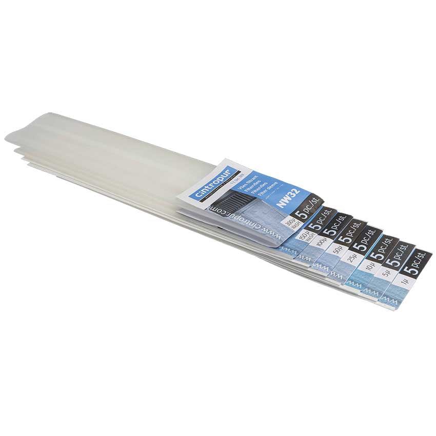 Cintropur Filter Sleeve five-pack with translucent white, flat mesh sleeves and blue and black printed size labels.