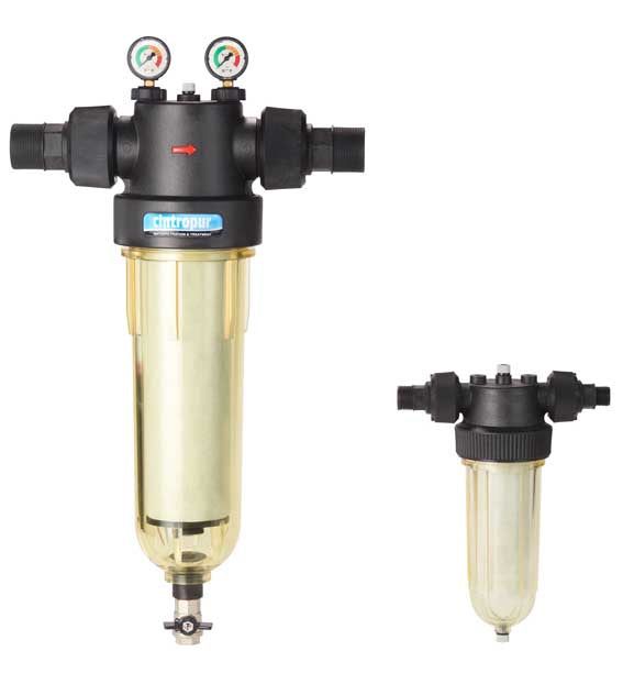 Cintropur NW 650 water filter with black plastic head, translucent amber canister, dual pressure gauges and side connectors.