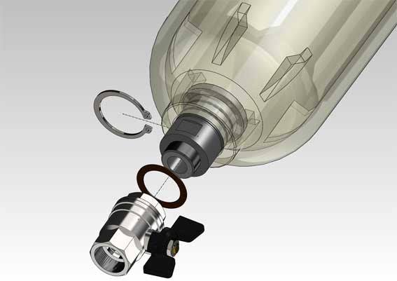 Water filter Cintropur NW 800 with a translucent beige housing, black base, and detached silver drain valve and seals.