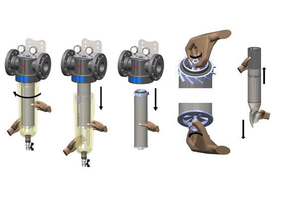 Cintropur NW 800 water filter with dark gray three-inch fittings, clear vertical bowl, blue band and drain valve, shown with cartridge removal steps.