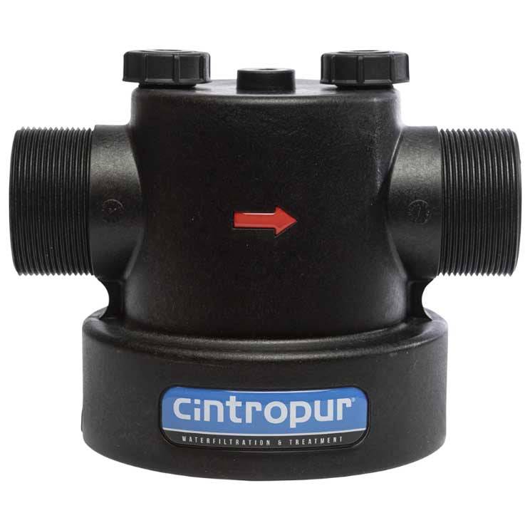 Cintropur NW800 Filter Head, black molded plastic with threaded side ports, three top caps, red flow arrow and blue logo label.