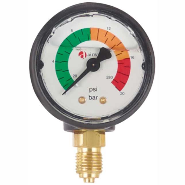 Cintropur Manometer pressure gauge with black metal casing, white dial, green-orange-red pressure zones and brass threaded fitting