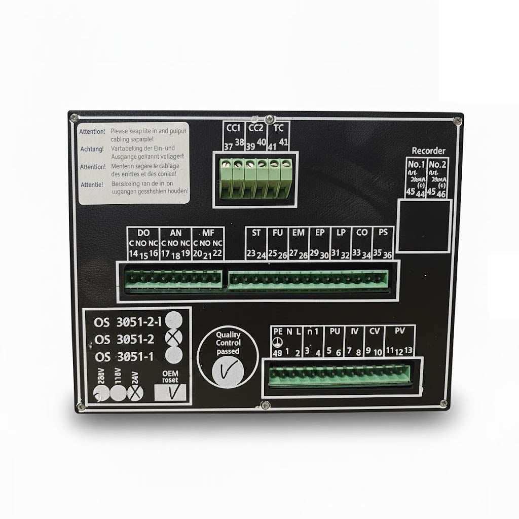 EWS OS3051 reverse osmosis controller panel with a black metal face, green terminal blocks, and labeled connections.