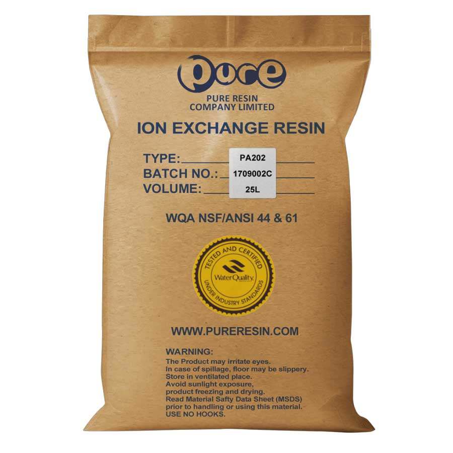 Nitrate selective ion-exchange resin PA202 clear spherical beads in 25-litre container for water purification