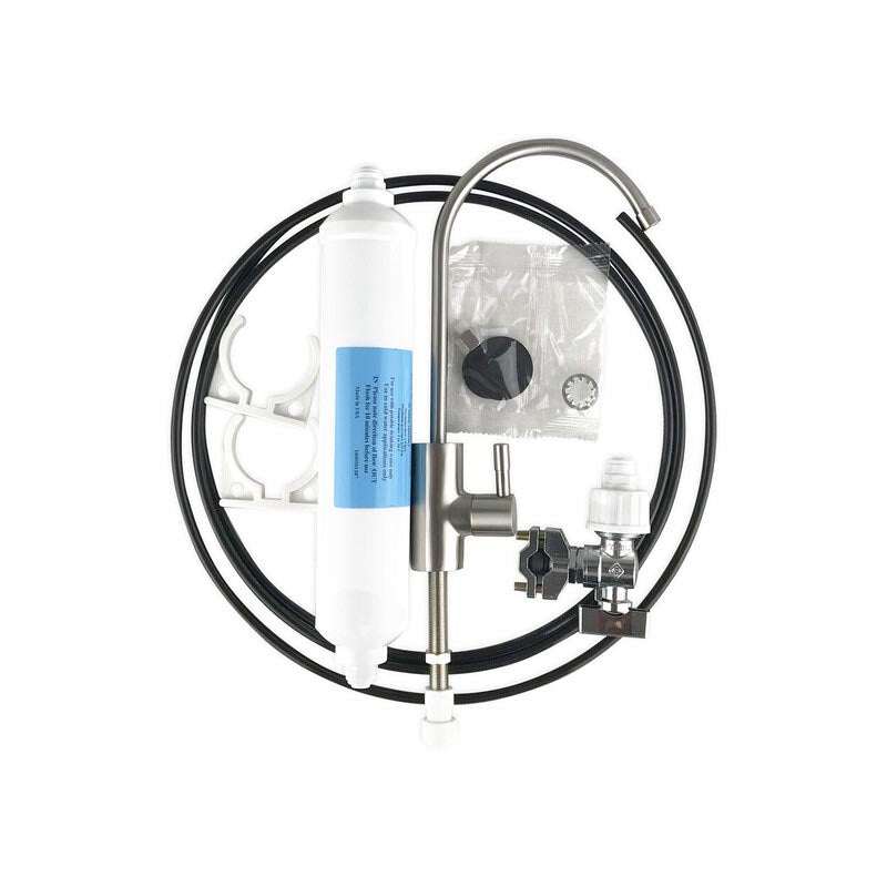 Inline Drinking Water Filter Kit - Premium with tap, tubing, saddle valve, and carbon filter.