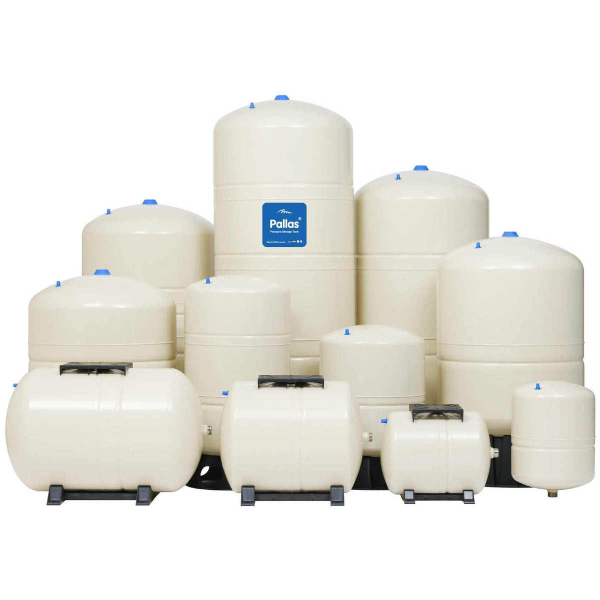 Pallas APT-450 Pressure Storage Tank, cream-coloured steel tank with smooth finish, blue fittings and sturdy base stands