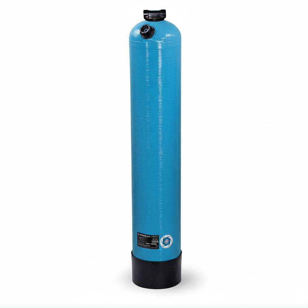 10" pH filtration vessel with a tall blue fiberglass tank, black base, and threaded top port for media access