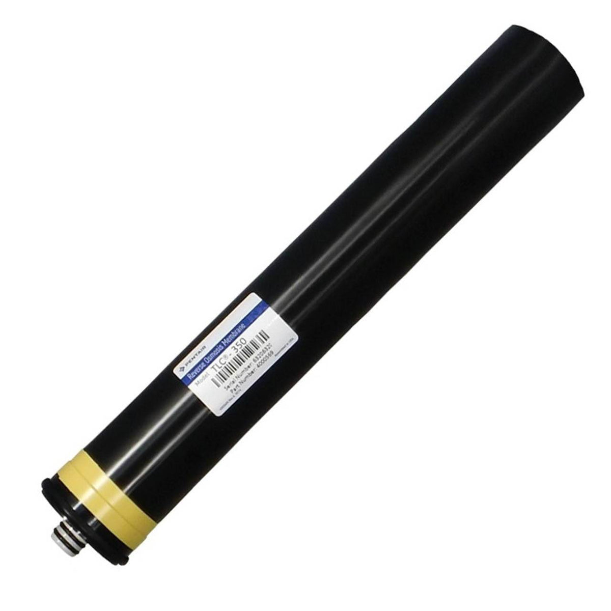 GE Merlin Replacement RO Membrane, black cylindrical filter with a smooth plastic casing, yellow end band and threaded fitting.