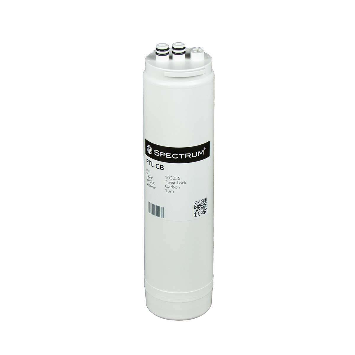Water filter cartridge, white plastic cylinder with black SPECTRUM label and twist-lock connector ports; SPECTRUM PTL Twist-Lock Cartridge