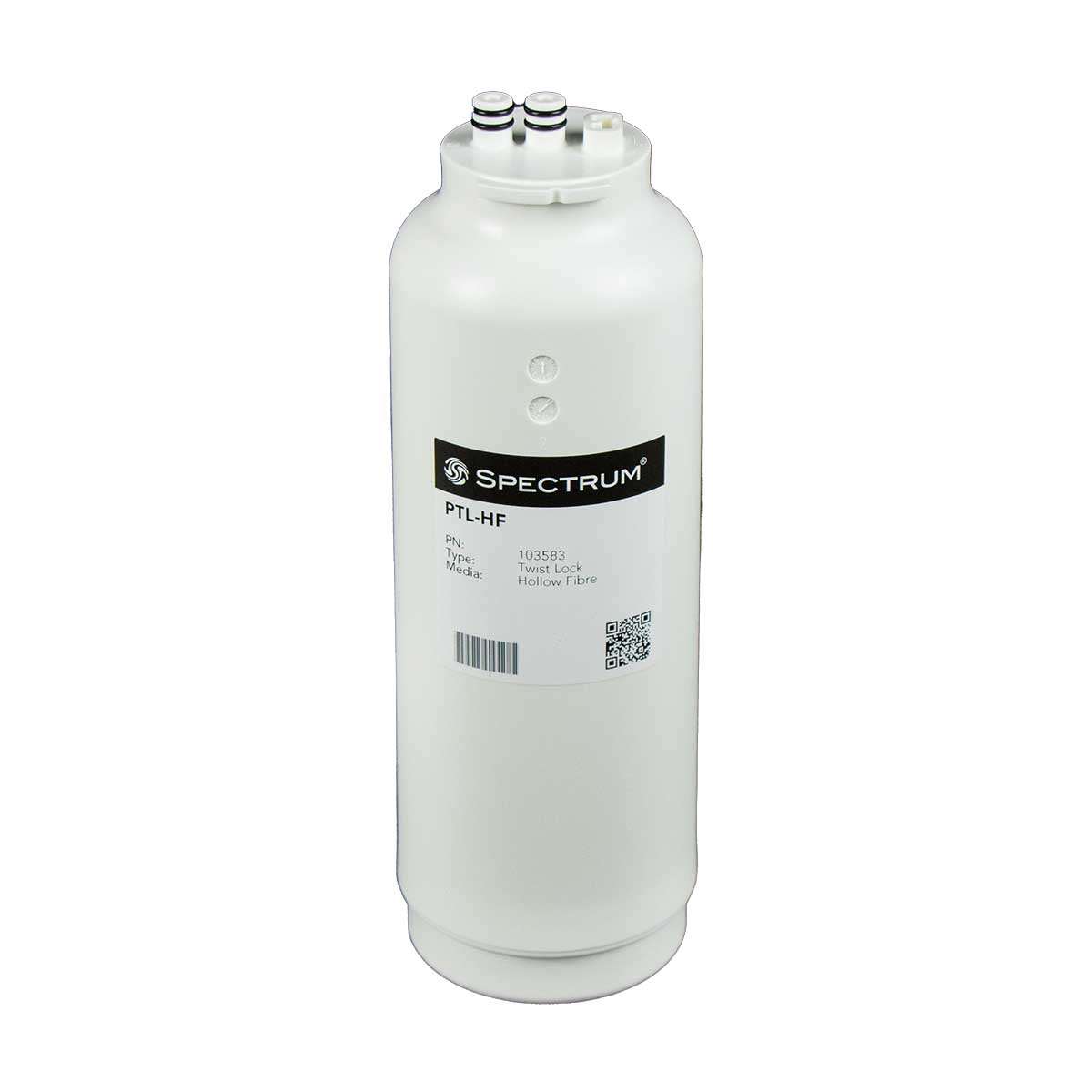 Water filter cartridge, white plastic cylindrical body with three top fittings and a SPECTRUM label; SPECTRUM PTL Twist-Lock Cartridge