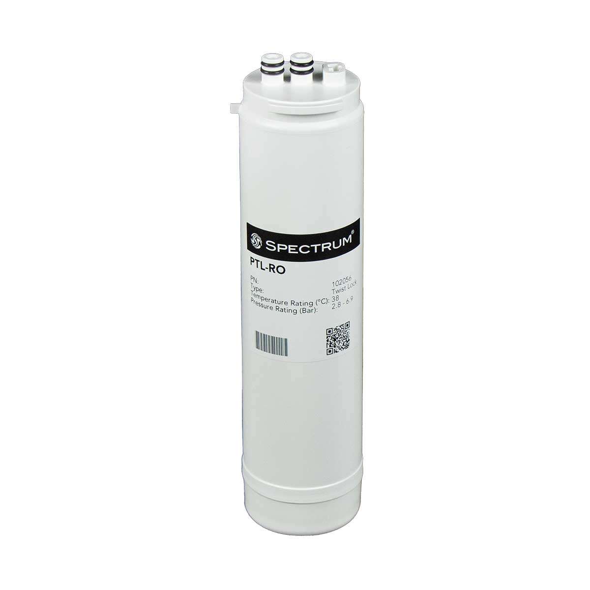 Water filter cartridge, SPECTRUM PTL Twist-Lock Cartridge, white plastic with three push-fit ports and branded label.