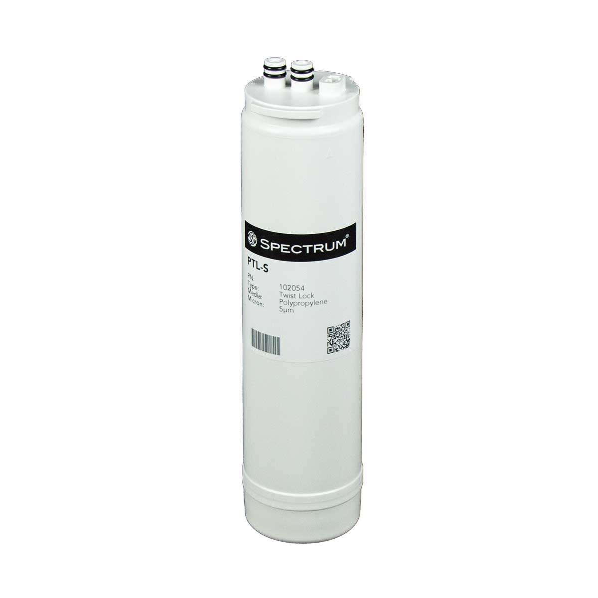 Water filter cartridge, white cylindrical polypropylene body with black SPECTRUM label and twin twist-lock fittings; SPECTRUM PTL Twist-Lock Cartridge