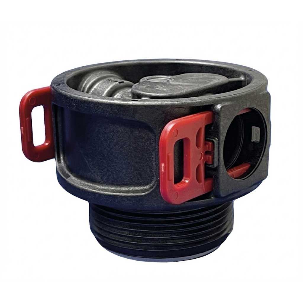 Pressure vessel head PV-PK-2 with a dark textured body, red locking clips, circular top, and threaded base.