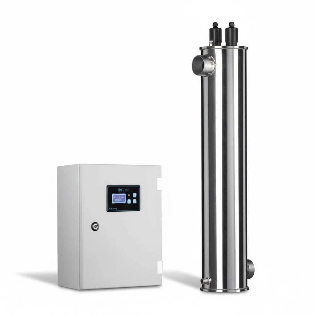 UV water treatment system with 5 stainless steel chambers and a white control cabinet featuring an LCD display.