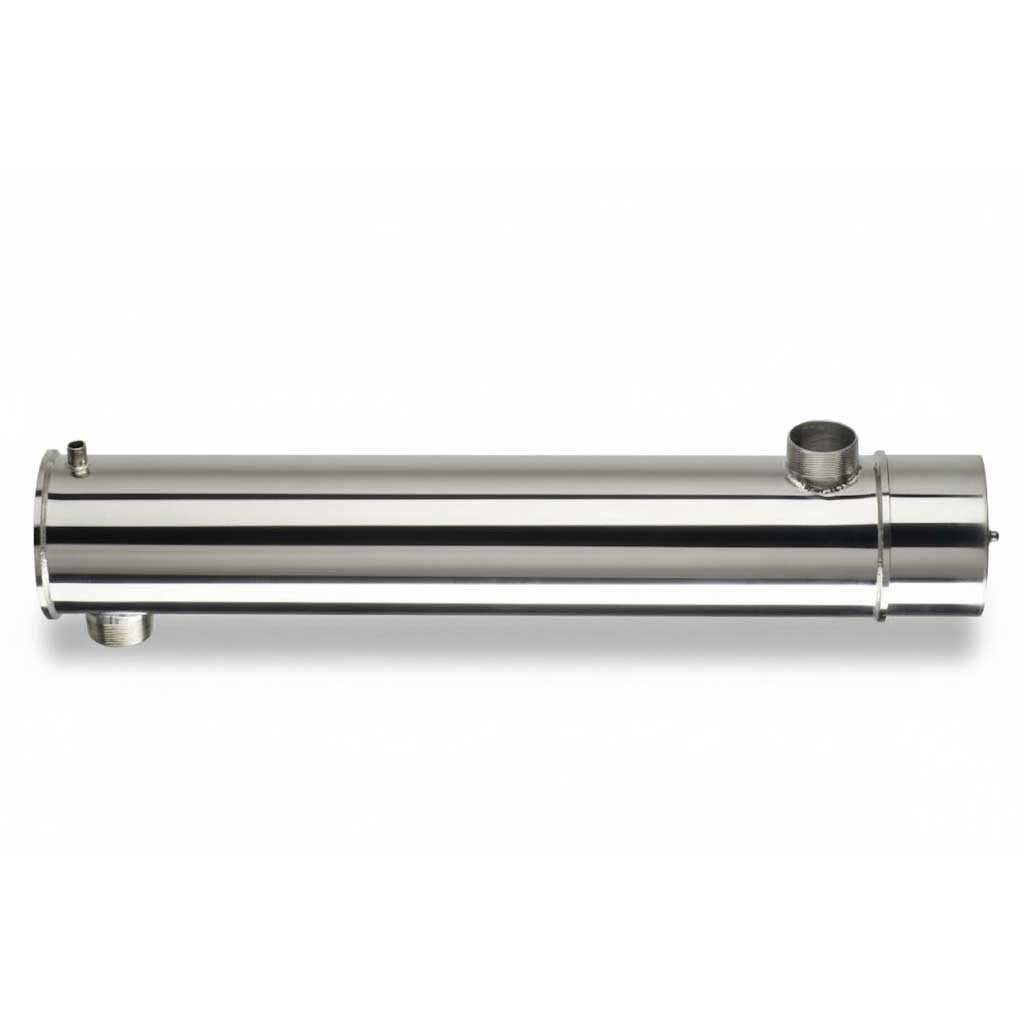 Stainless steel UV water treatment chamber, a polished silver cylinder with pipe connections and 5 lamps inside.