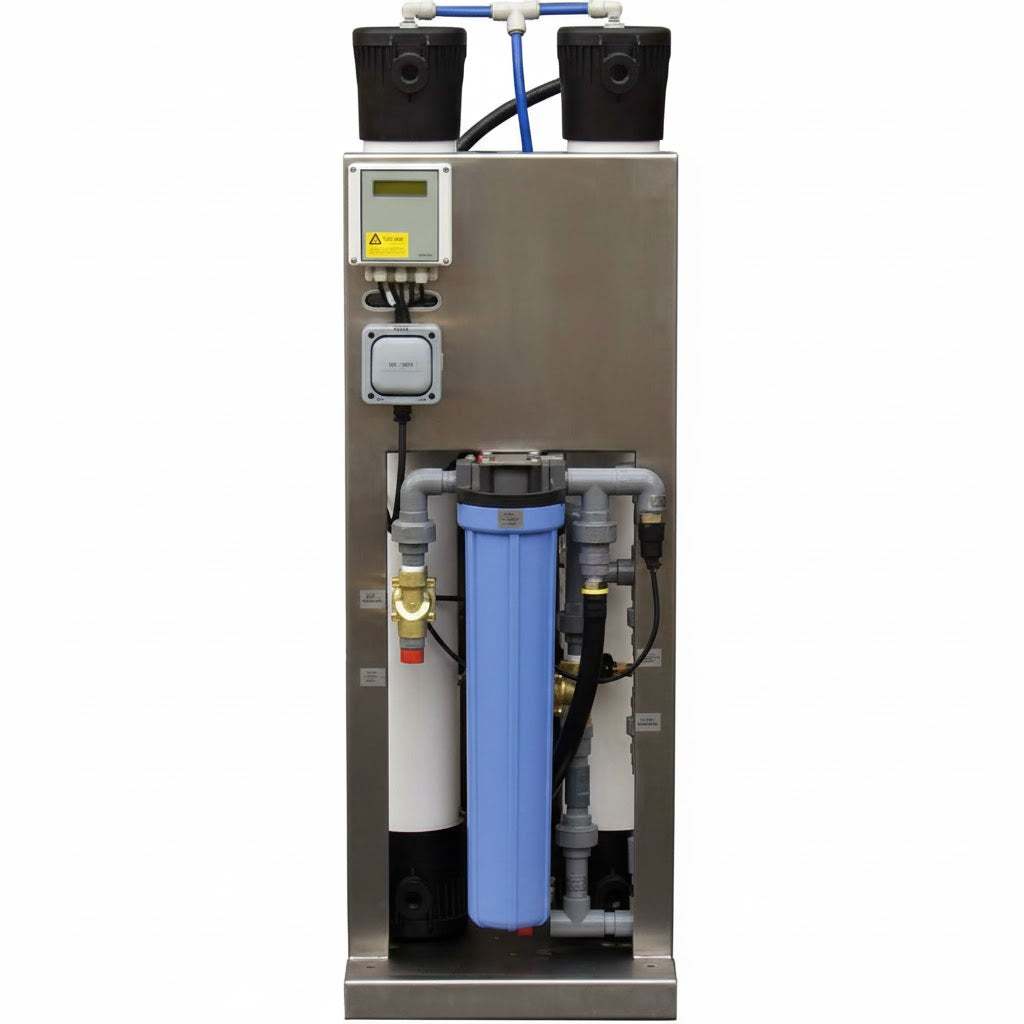 Series Reverse Osmosis System on a stainless steel skid, with blue and white filter housings, black tanks, and pipework.