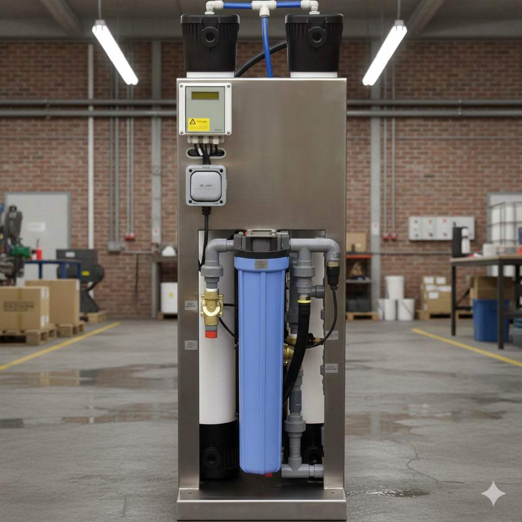 Series Reverse Osmosis System with a stainless steel skid, blue filter housing, black membrane vessels and connected pipes.