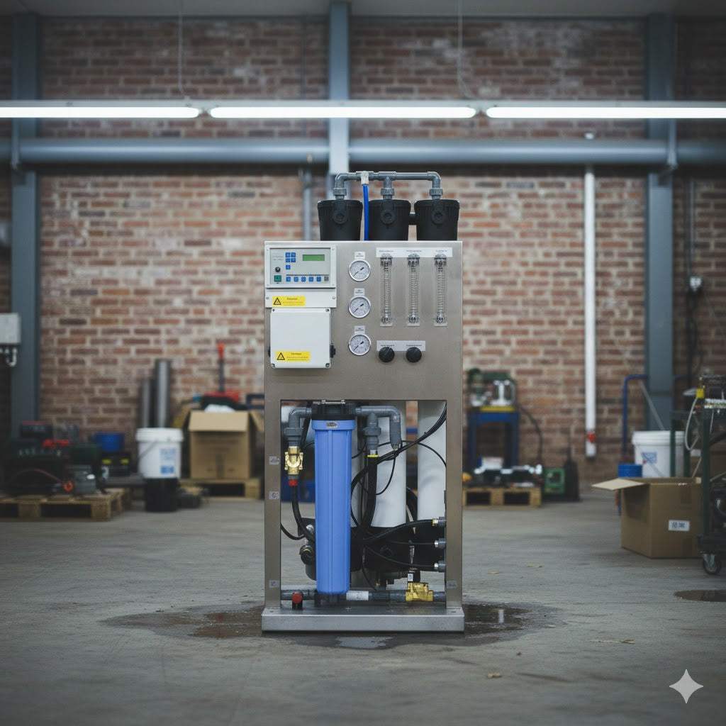 C Series Reverse Osmmosis System with controller, stainless steel skid, gauges, filters, and plumbing layout diagram