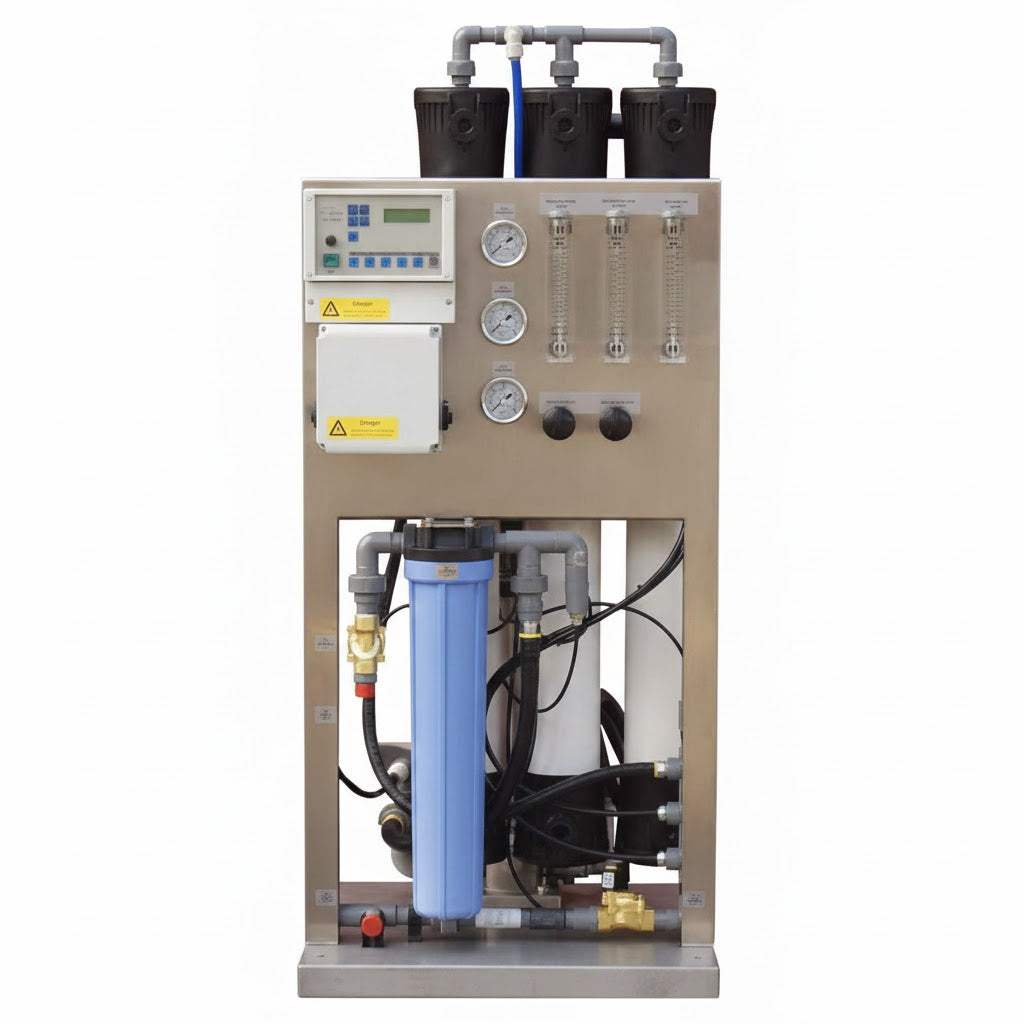 C Series Reverse Osmmosis System with controller, stainless steel skid, gauges, and carbon filter for pure water quality and system protection
