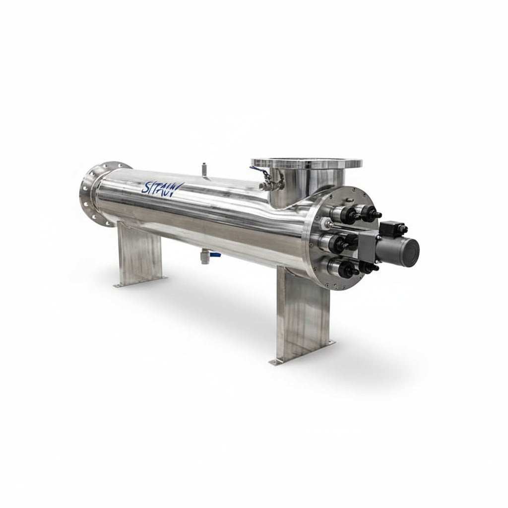 Sita 400 DS Series UV system, polished stainless steel cylindrical water treatment unit with support legs and end-mounted fittings.