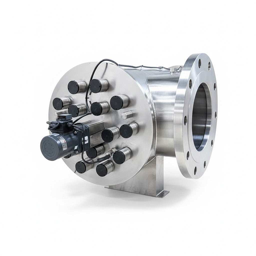 Sita 400 DS Series UV system in polished stainless steel, with a cylindrical chamber, flanged port and multiple lamp connections.