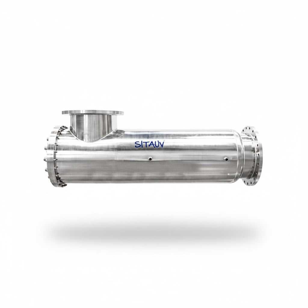 Sita 400 DS Series UV system, polished stainless steel cylindrical water treatment unit with flanged ends and top inlet.