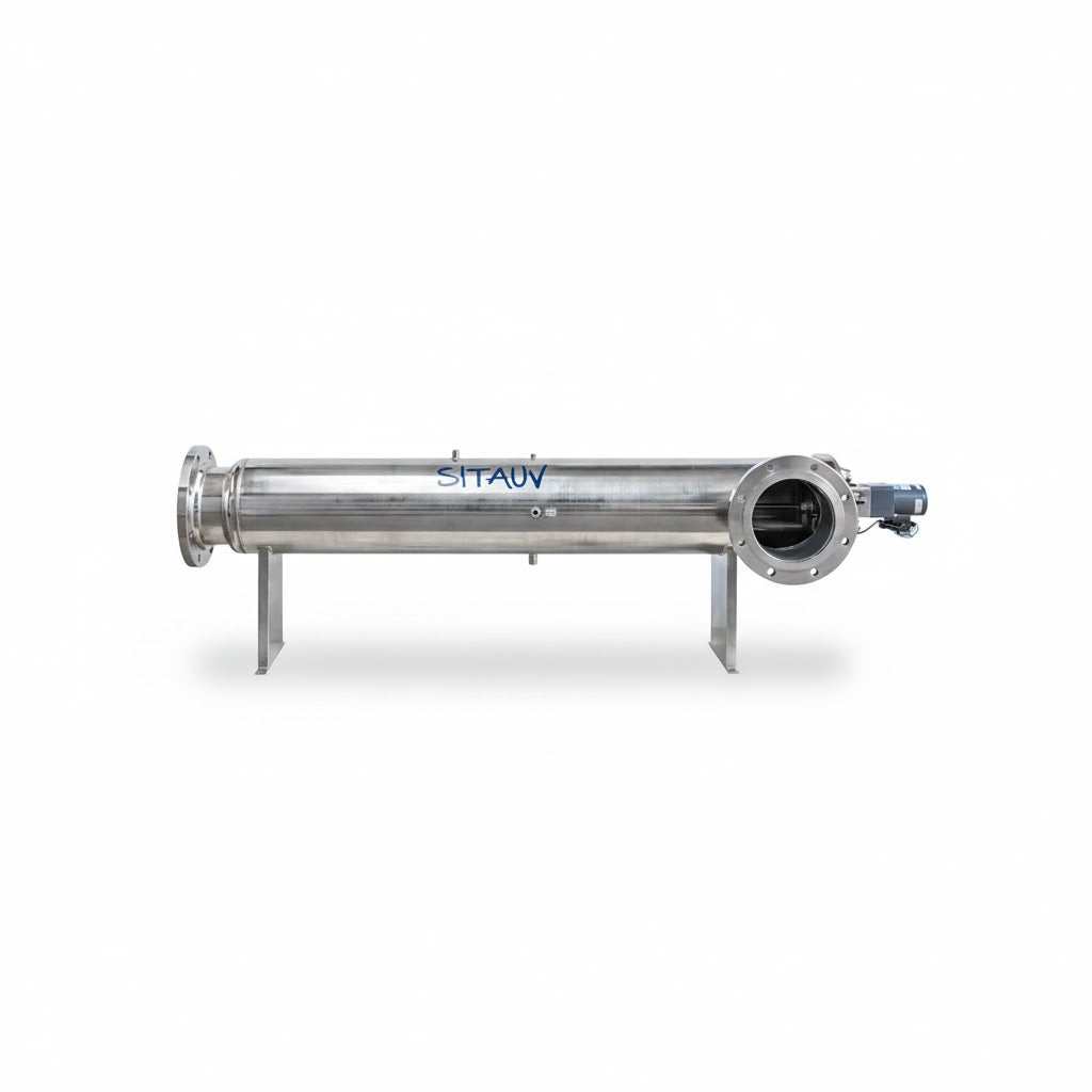 Sita 400 DS Series UV system, polished stainless steel cylindrical water treatment unit with flanged ends and support legs