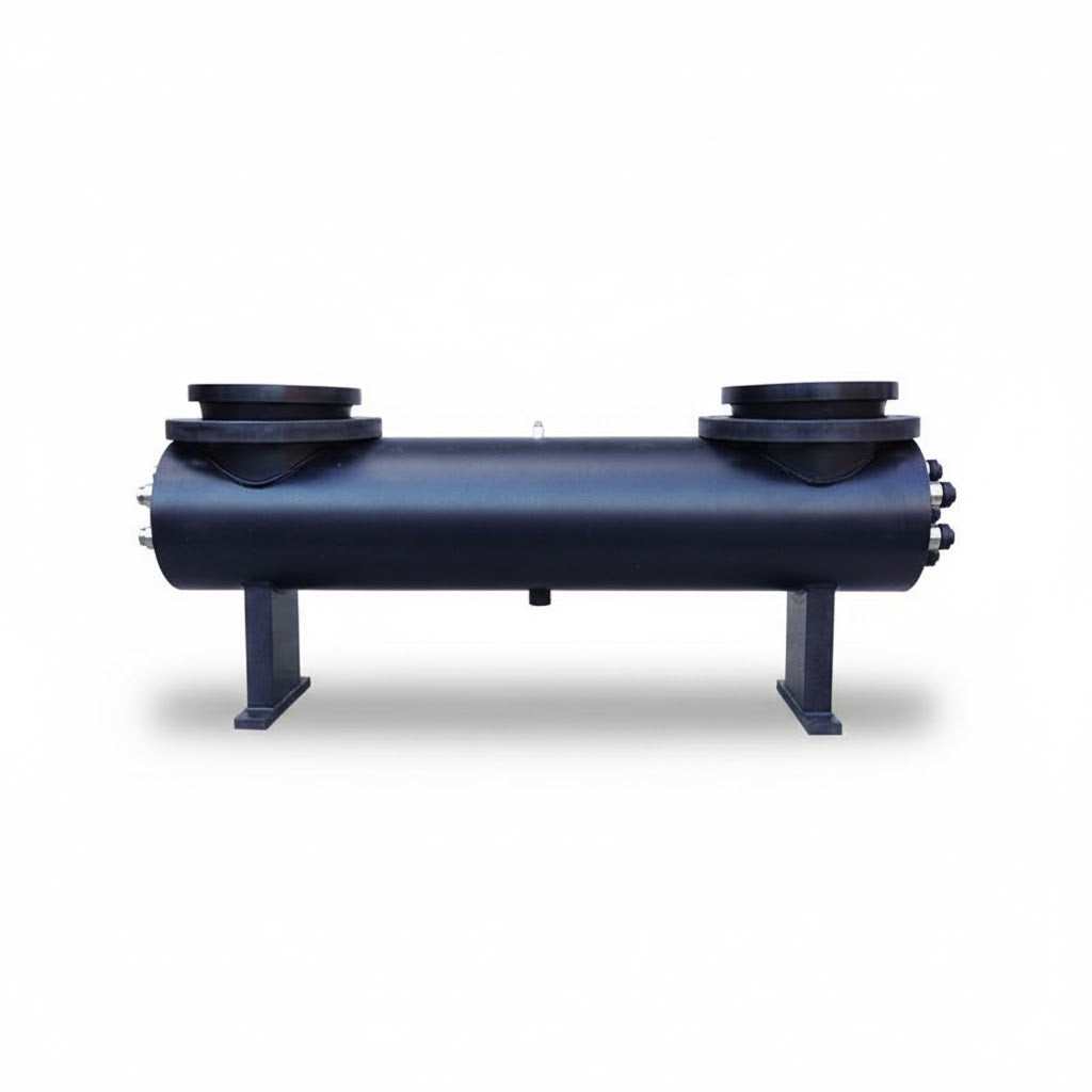 Sita HDPE Series UV System with a dark blue cylindrical polyethylene chamber, two top pipe ports and sturdy support legs.