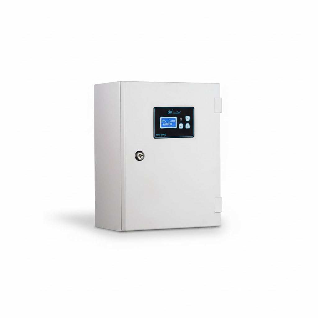 UV water treatment control cabinet, light grey metal with a hinged door, lock and small LCD display; marked 5.
