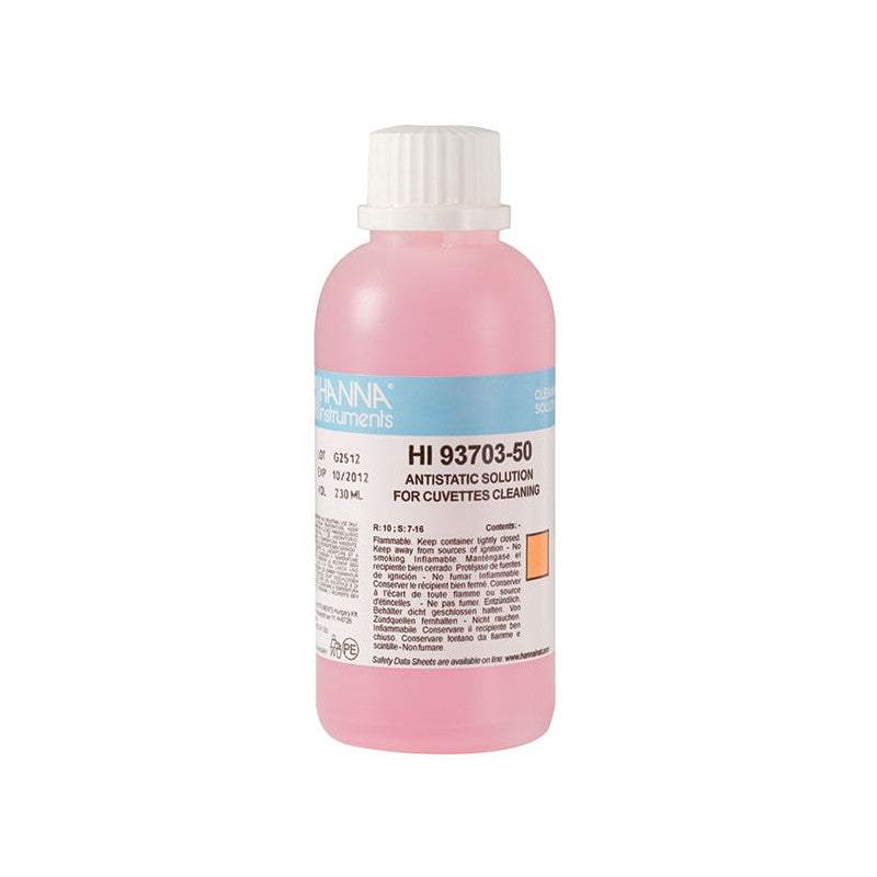 230ml bottle of HI-93703-50 Cuvette Cleaning Solution for pristine, anti-static glass cuvette cleaning