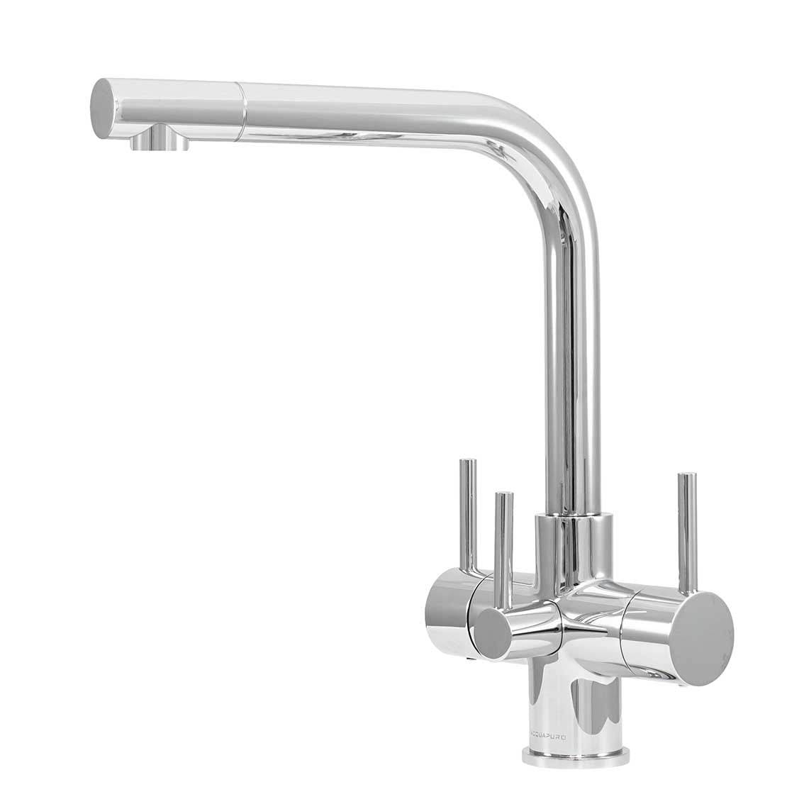 Chrome brass Acquapuro Sorrento 3 Way 3 Lever Tap Chrome with a high curved spout and three slim lever handles.