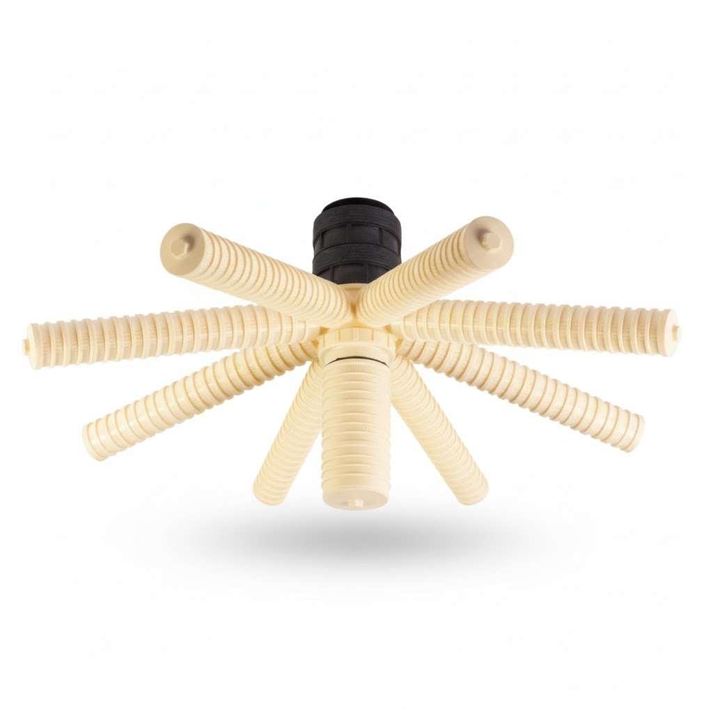 Upper Lateral Distributor with cream-colored ribbed plastic radial arms and a central black threaded connector.