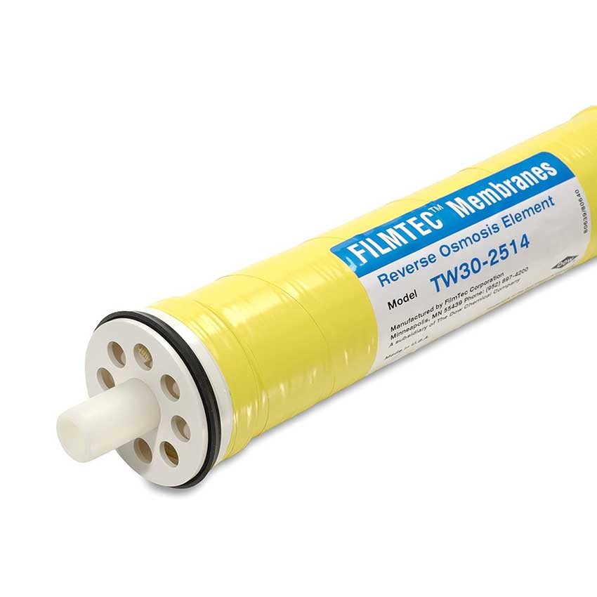 FilmTec TW30-2514 reverse osmosis membrane element, yellow and white with a tape-wrapped body and end port.
