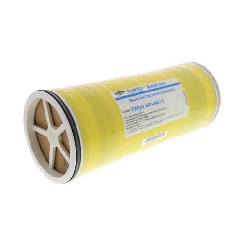 FilmTec TW30HP-4611 reverse osmosis membrane element with a yellow cylindrical casing, white label and cross-shaped end cap.