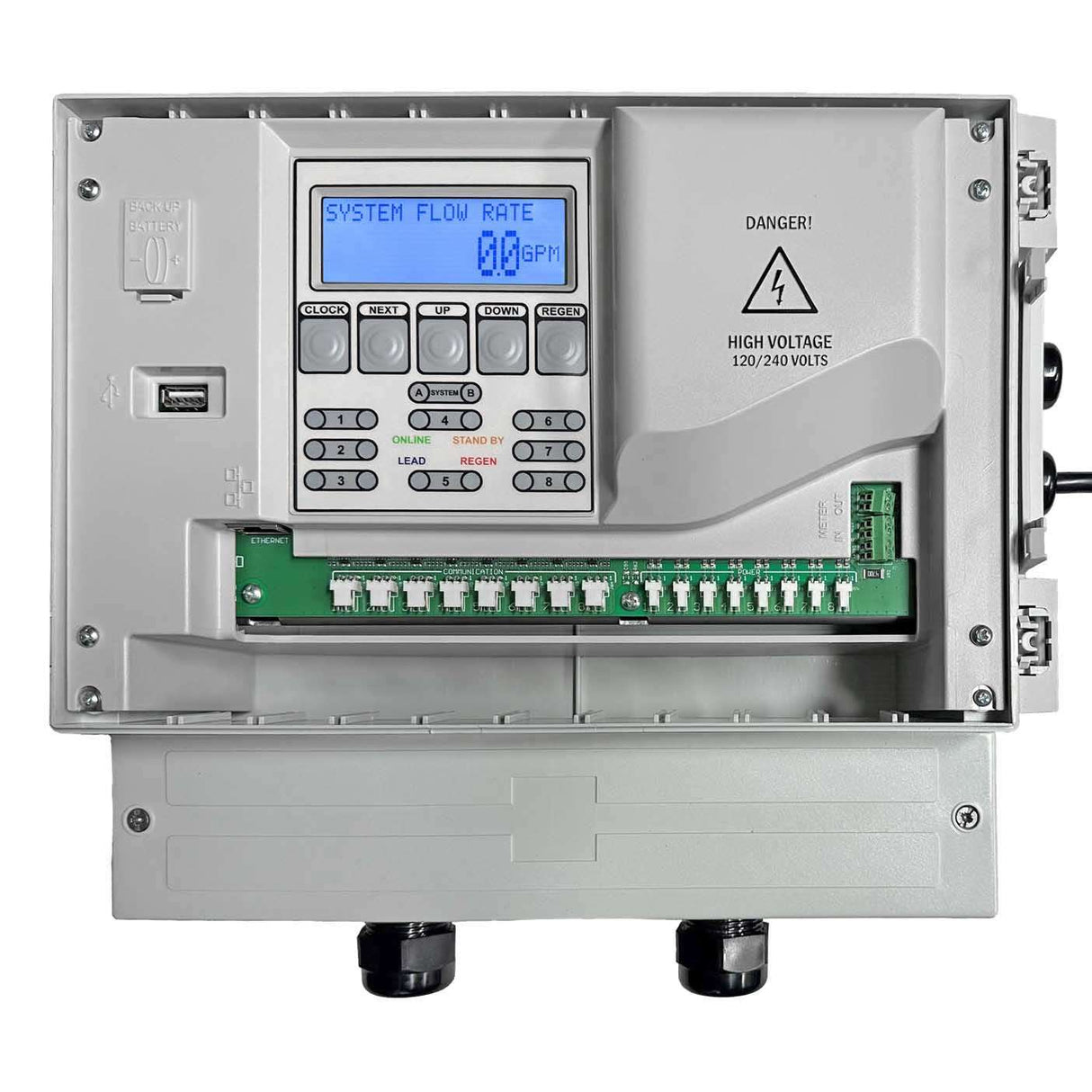 Clack V3030 System Controller Assembly unit without power cord, front view with monochrome display and buttons