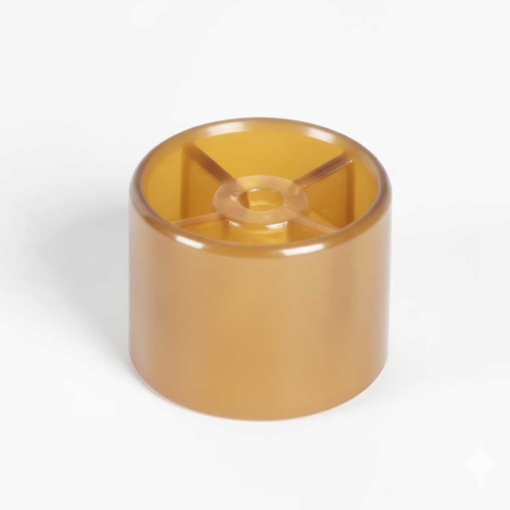 Clack V3695-01 WS3 MAV Piston, amber translucent plastic cylinder with a recessed top, central hole and radial supports.
