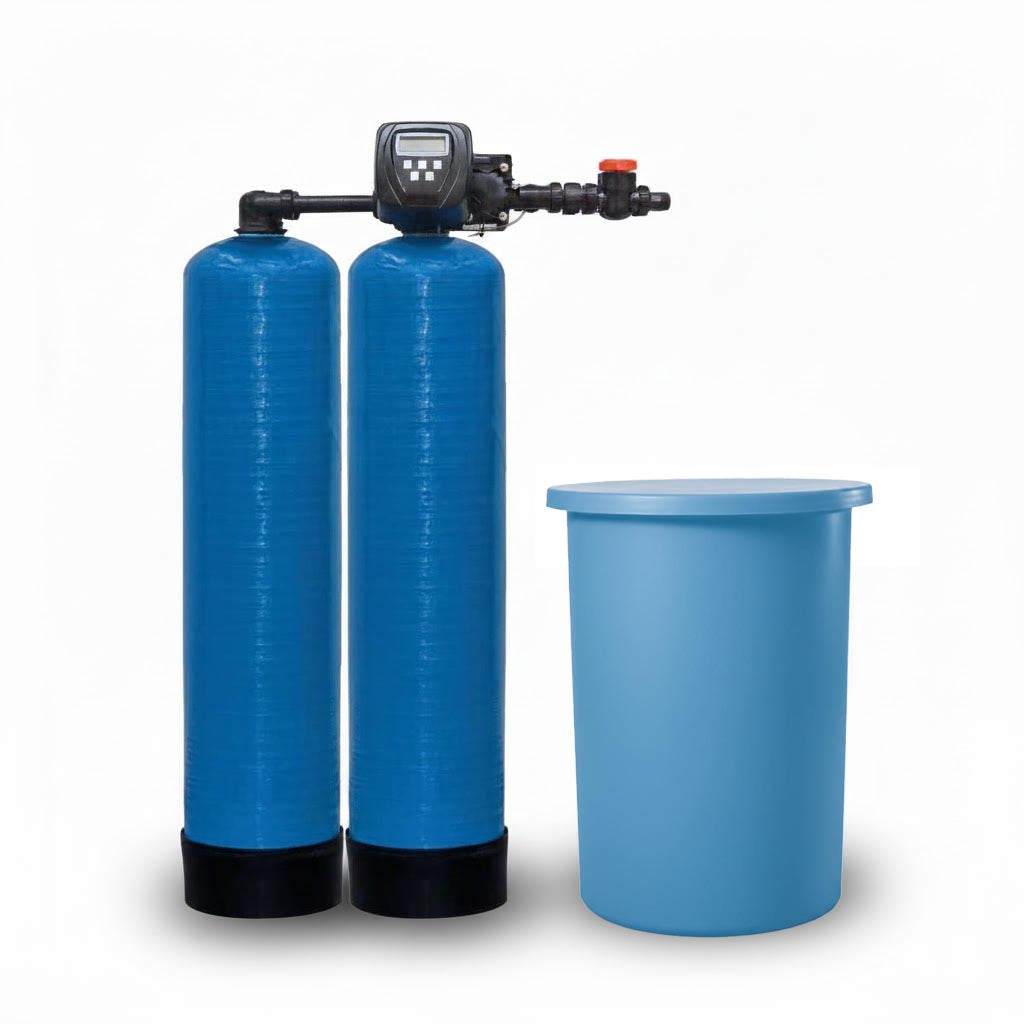 Duplex water softener system with Clack WS1 TT digital controller and twin tanks for continuous high-efficiency water softening