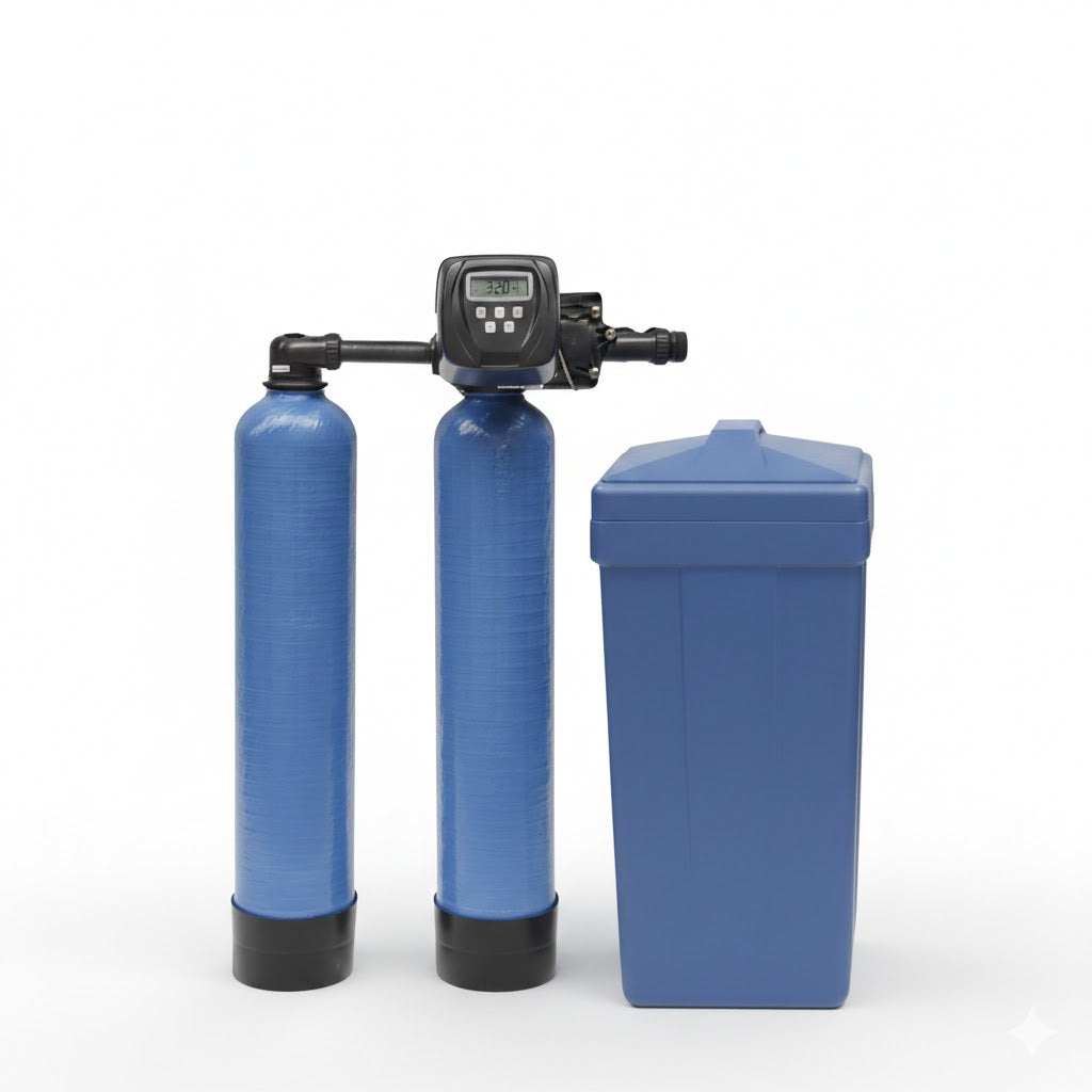 Duplex water softener system with Clack WS1 TT digital controller and twin tanks for continuous water softening