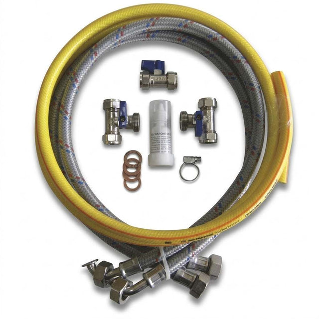 15mm Standard Softener Installation Kit components including hoses, valves, fittings, and hardness test kit arranged on white background